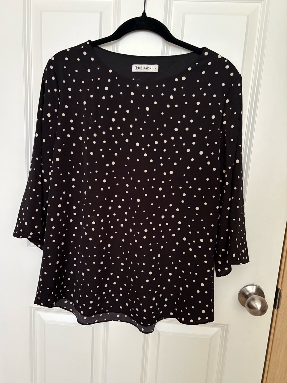 Grace Karin Black Blouse with Cream Polka Dot Print